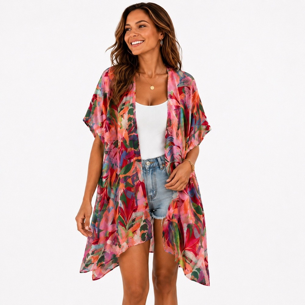One‎ by Onedder Tropical Floral Kimono Cover Up Pink Rayon Boho OS